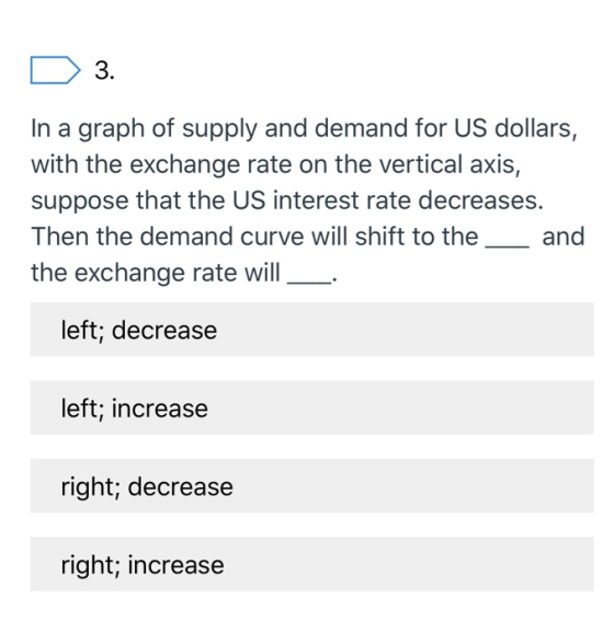 D 3. In a graph of supply and demand for US dollars, with the exchange rate on the vertical axis, suppose that the US interes