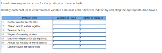 Listed here are product costs for the production of soccer balls. Identify each cost (a) as either fixed or variable and (b)
