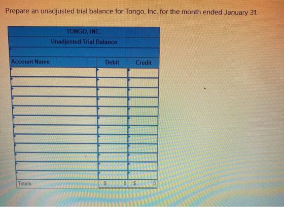 Prepare an unadjusted trial balance for Tongo, Inc. for the month ended January 31. TONGO, INC. Unadjusted Trial Balance Acco