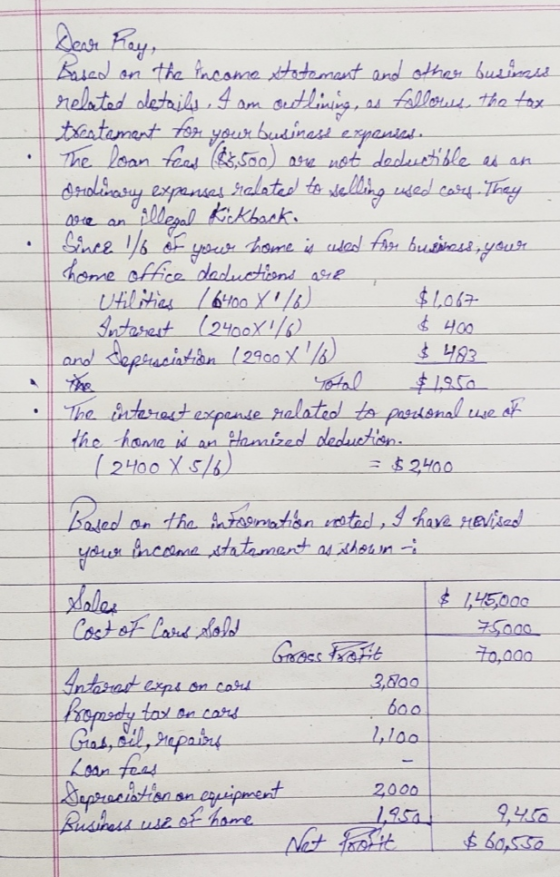 Dear Ray ስጋ are an. illegal Kickback. $ 400 $ 483 Based on the income statement and other busines related details, I am outli
