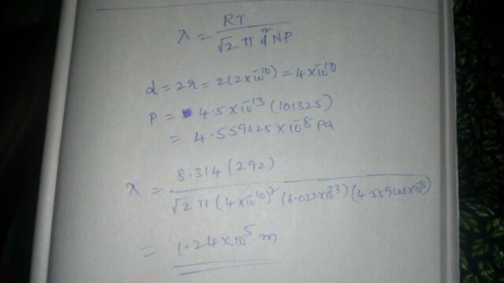 RT 12 T INP d=29= 212X510) = 4x100 P = 54.5X103 (101325) - 4.559625 x 108 pa 8.314 (292) 12.11 ( 4 xūlo)! 76.0227133) (4 5396