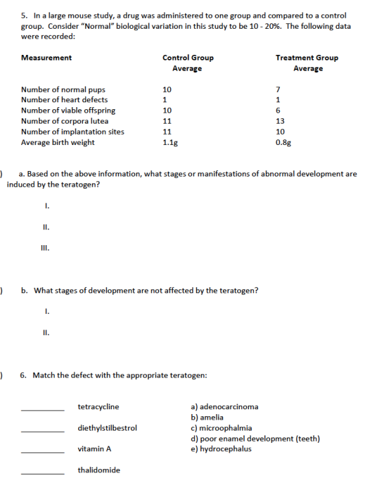 5. In a large mouse study, a drug was administered to one group and compared to a control group. Consider Normal biological variation in this study to be 10-20%. The following data were recorded: Measurement Control Group Treatment Group Average Average Number of normal pups Number of heart defects Number of viable offspring Number of corpora lutea Number of implantation sites Average birth weight 10 10 6 13 10 0.8g )a. Based on the above information, what stages or manifestations of abnormal development are induced by the teratogen? b. What stages of development are not affected by the teratogen? ) 6. Match the defect with the appropriate teratogen: tetracycline a) adenocarcinoma b) amelia c) microophalmia d) poor enamel development (teeth) e) hydrocephalus diethylstilbestrol vitamin A thalidomide