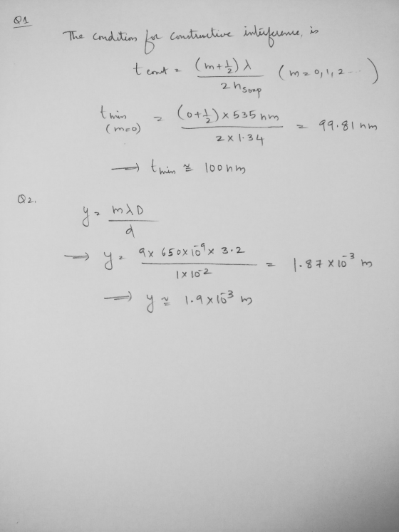 01 is The conditions for constructive interference, t cont (m + k) x (m20,1,2 .. :) 2 hsoap this (mzo) (ott) x 535 nm 2x 1.34