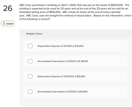 26 ABC Corp. purchased a building on April 1, 2020, that was put on the books at $500,000. The building is expected to be use