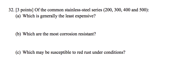 32. [3 points] Of the common stainless-steel series (200, 300, 400 and 500): (a) Which is generally the least expensive? (b)