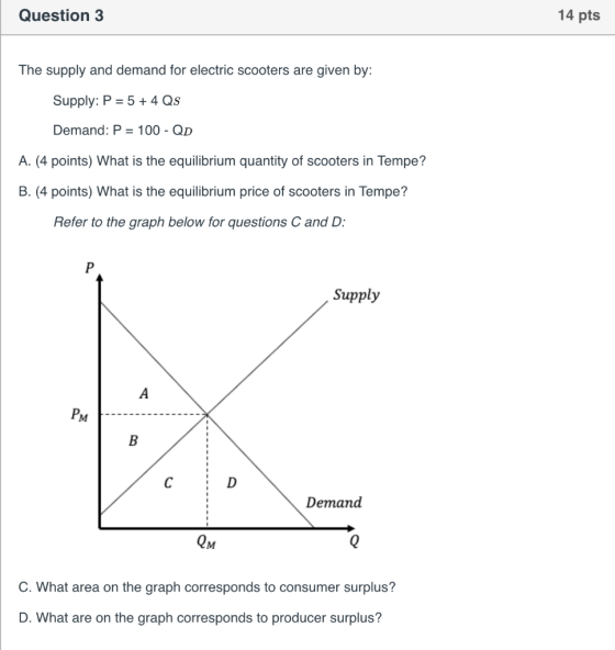 Question 3 14 pts The supply and demand for electric scooters are given by: Supply: P = 5 + 4 Qs Demand: P = 100 - QD A. (4 p