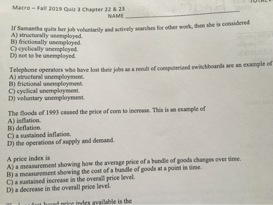 TUTALT Macro - Fall 2019 Quiz 3 Chapter 22 & 23 NAME If Samantha quits her job voluntarily and actively quits her job volunta