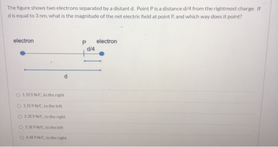 The figure shows two electrons separated by a distant d. Point Pis a distance d/4 from the rightmost charge. If dis equal to