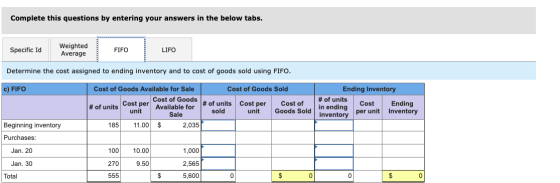 Complete this questions by entering your answers in the below tabs. Specific Id Weighted Average FIFO LIFO Determine the cost