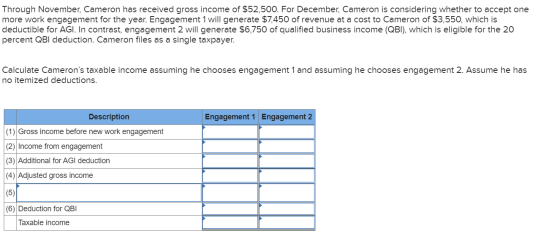 Through November, Cameron has received gross income of $52,500. For December, Cameron is considering whether to accept one mo