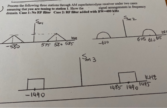 Process the following three stations through AM superheterodyne receiver under two cases assuming that you are tuning to stat