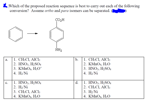 * Which of the proposed reaction sequence is best to carry out each of the following conversion? Assume ortho and para isomer