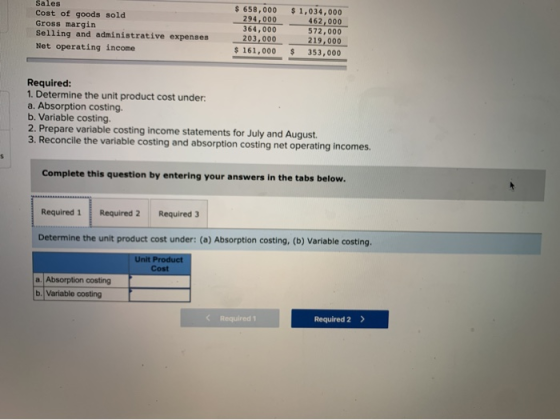 Sales Cost of goods sold Gross margin Selling and administrative expenses Net operating income $ 658,000 294,000 364,000 203,