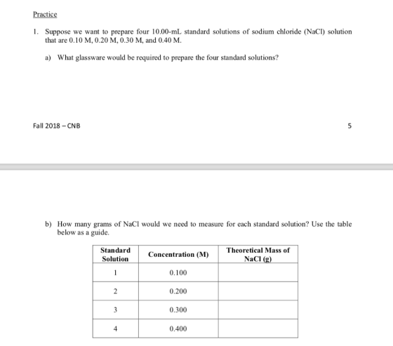 Practice 1. Suppose we want to prepare four 10.00-mL standard solutions of sodium chloride (NaCI) solution that are 0.10 M, 0