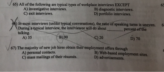65) All of the following are typical types of workplace interviews EXCEPT A) investigative interviews. B) diagnostic intervie