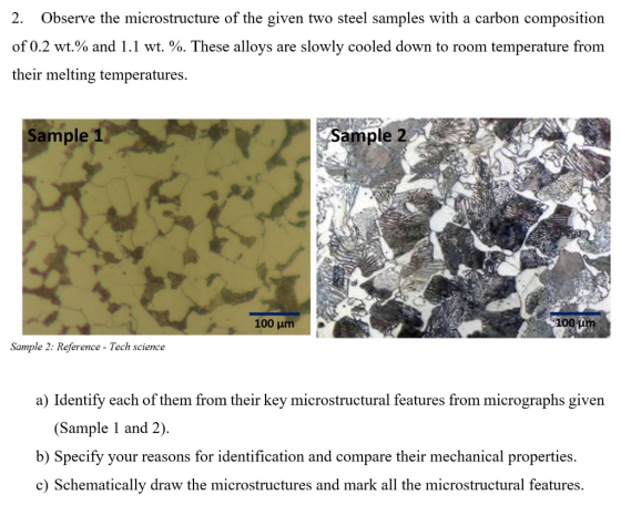 2. Observe the microstructure of the given two steel samples with a carbon composition of 0.2 wt.% and 1.1 wt. %. These alloy