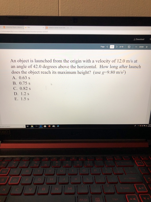 Download An object is launched from the origin with a velocity of 12.0 m/s at an angle of 42.0 degrees above the horizontal.