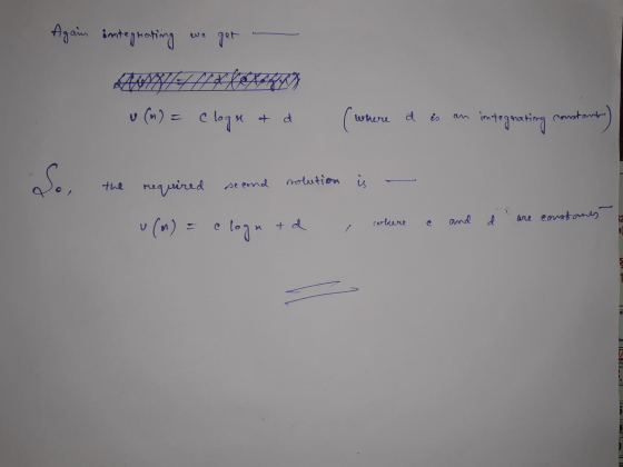 Again integrating ger v (n) = clogne & d (wi where here a integrating constant So, the required se eond solution is where and