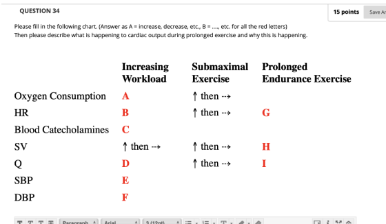 QUESTION 34 15 points Save Ar Please fill in the following chart. (Answer as A = increase, decrease, etc., B = ...., etc. for