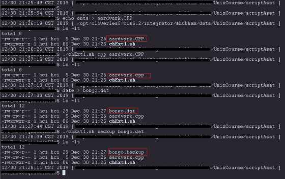 UnixCourse/scriptAsst ] 12/30 21:25:49 CST 2019 [ 12/30 21:25:54 CST 2019 | UnixCourse/scriptAsst ] :$ echo ants > aardvark.C