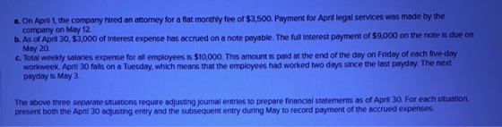 a. On April 1, the company hired an attorney for a flat monthly fee of $3,500. Payment for April legal services was made by t