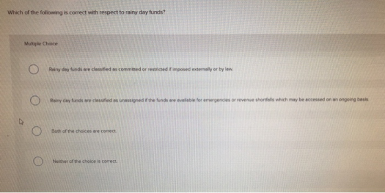 Which of the following is correct with respect to rainy day funds? Multiple Choice Rainy day funds are classified as committe