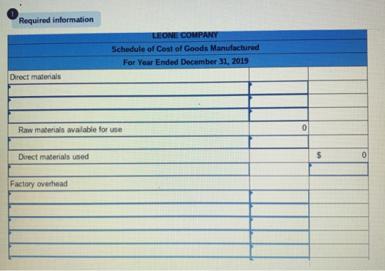 Required information LEONE COMPANY Schedule of Cost of Goods Manufactured For Year Ended December 31, 2019 Direct materials R