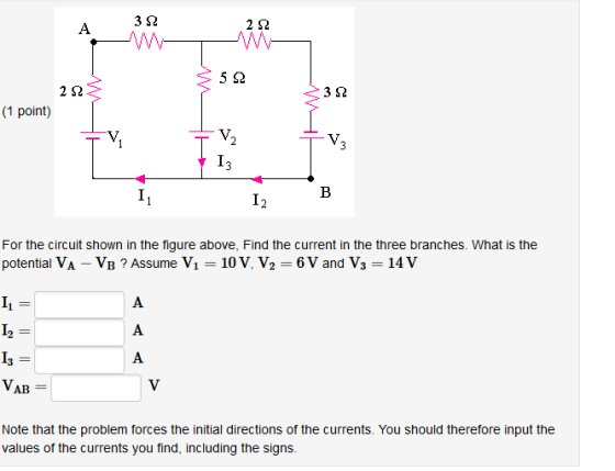 AWTW 32 22 352 225 312 (1 point) E B For the circuit shown in the figure above, Find the current in the three branches. What