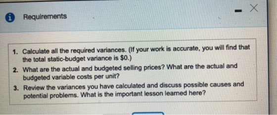 0 Requirements 1. Calculate all the required variances. (If your work is accurate, you will find that the total static-budget
