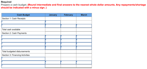 Required Prepare a cash budget. (Round intermediate and final answers to the nearest whole dollar amounts. Any repayments/sho
