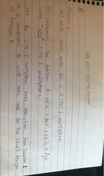 ECE 275 - DIGITAL DESIGN Question 1: (@) Write VHDL code for a 2-to-1 multiplexer. - (6) Implement - using only the Sunction