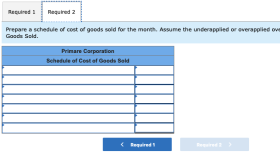 Required 1 Required 2 Prepare a schedule of cost of goods sold for the month. Assume the underapplied or overapplied ove Good