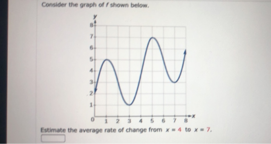 Consider the graph off shown below. 8! 7 6 5 w 31 2 1 Estimate the average rate of change from * = 4 to x = 7