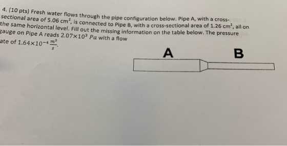 4. (10 pts) Fresh water flows through the pipe configuration sectional area of 5.06 cm, is connected to Pipe B, with a cross