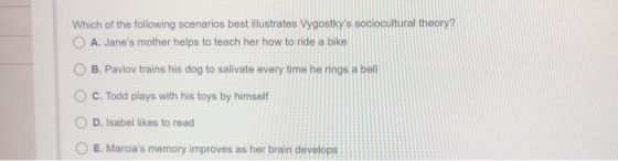 Which of the following scenarios best illustrates Vygostkys sociocultural theory? O A. Janes mother helps to teach her how
