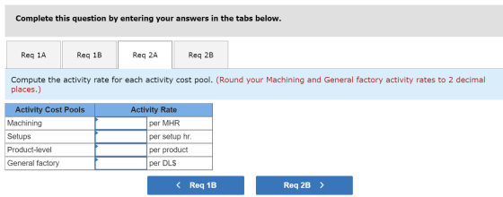 Complete this question by entering your answers in the tabs below. Req 1A Reg 1B Reg 1B Req 2A Req 2B Compute the activity ra