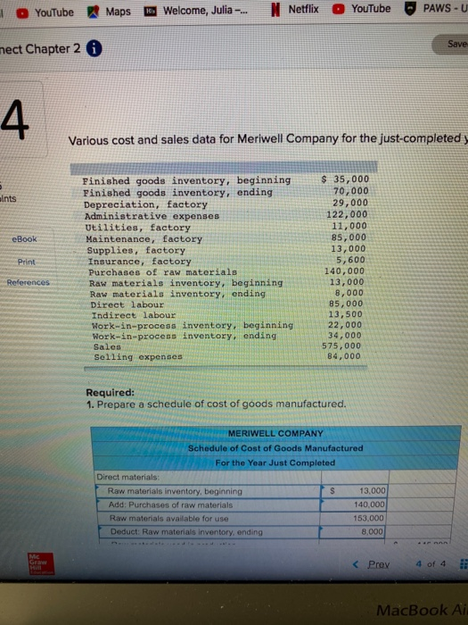 YouTube Maps Ko Welcome, Julia -... N Netflix YouTube PAWS-U Save mect Chapter 20 4. Various cost and sales data for Meriwell