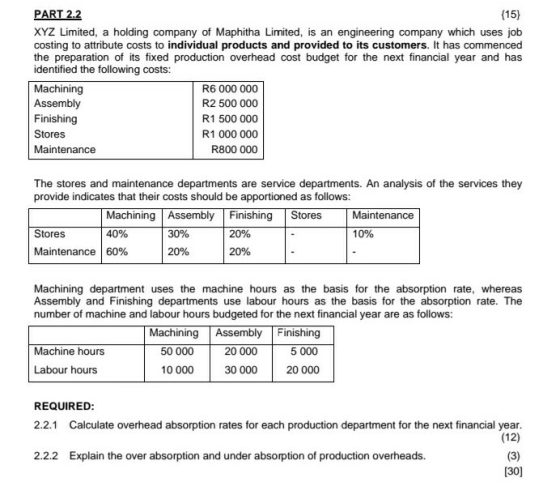 PART 2.2 (15) XYZ Limited, a holding company of Maphitha Limited, is an engineering company which uses job costing to attribu