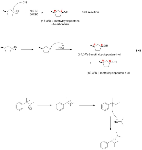 - CN NaCN DMSO Y SN2 reaction (18,3R)-3-methylcyclopentane -1-carbonitrile RASOH YB - Y6 H2O SN1 (18,3R)-3-methylcyclopentan-