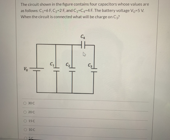 The circuit shown in the figure contains four capacitors whose values are as follows: C1=6 F, C2=2 F, and C3=C4=4 F. The batt