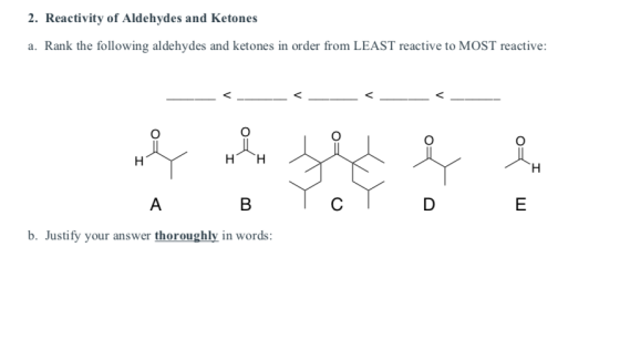 2. Reactivity of Aldehydes and Ketones a. Rank the following aldehydes and ketones in order from LEAST reactive to MOST react
