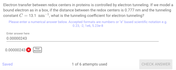 Electron transfer between redox centers in proteins is controlled by electron tunneling. If we model a bound electron as in a