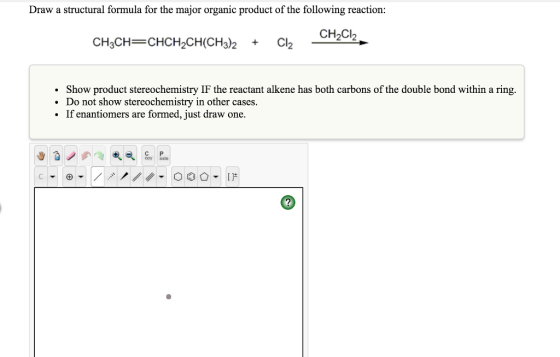 Draw a structural formula for the major organic product of the following reaction: CH2Cl2 Show product stereochemistry IF the reactant alkene has both carbons of the double bond within a ring. Do not show stereochemistry in other cases. If enantiomers are formed, just draw one. opy aate
