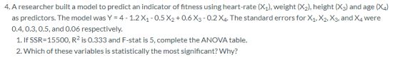 4. A researcher built a model to predict an indicator of fitness using heart-rate (X1), weight (X2), height (X3) and age (X4)