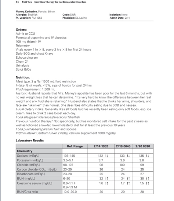 64 Unit Two Nutrition Therapy for Cardiovascular Disorders Maney, Katherine, Female, 65 y.o. Allergies: Shellfish Pt. Locatio