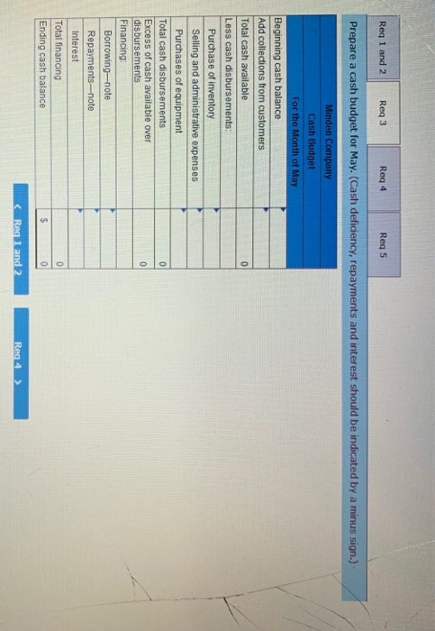Req 1 and 2 Req3 Reg 4 Reg 5 Prepare a cash budget for May. (Cash deficiency, repayments and interest should be indicated by