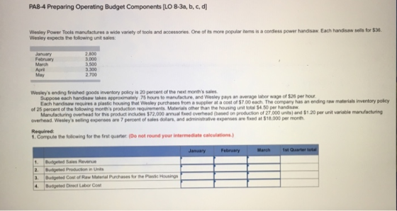 PA8-4 Preparing Operating Budget Components [LO 8-3a, b, c, d] Wesley Power Tools manufactures a wide variety of tools and ac