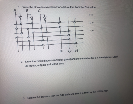 1. Write the Boolean expression for each output from the PLA below: F = F G H 2. Draw the block diagram (not logic gates) and