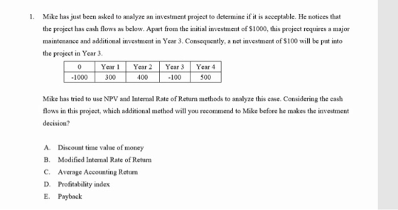 1. Mike has just been asked to analyze an investment project to determine if it is acceptable. He notices that the project ha