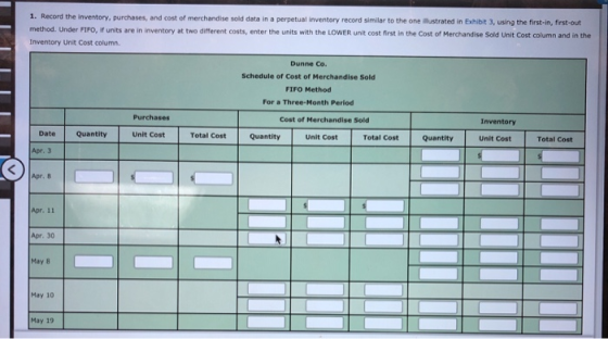 1. Record the inventory, purchases, and cost of merchandise sold data in a perpetual inventory record similar to the one lust